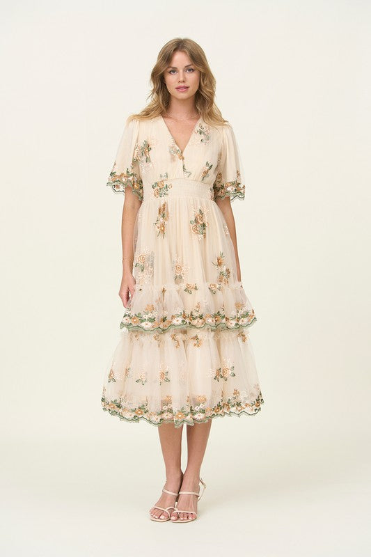 Josefina Embroidered Dress in Light Taupe