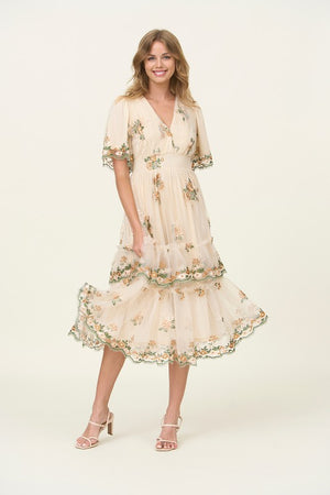 Josefina Embroidered Dress in Light Taupe