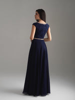 Madison James 18-802M navy back view modest prom dress A-Line winter formal cap sleeves cheap Mormon Prom conservative