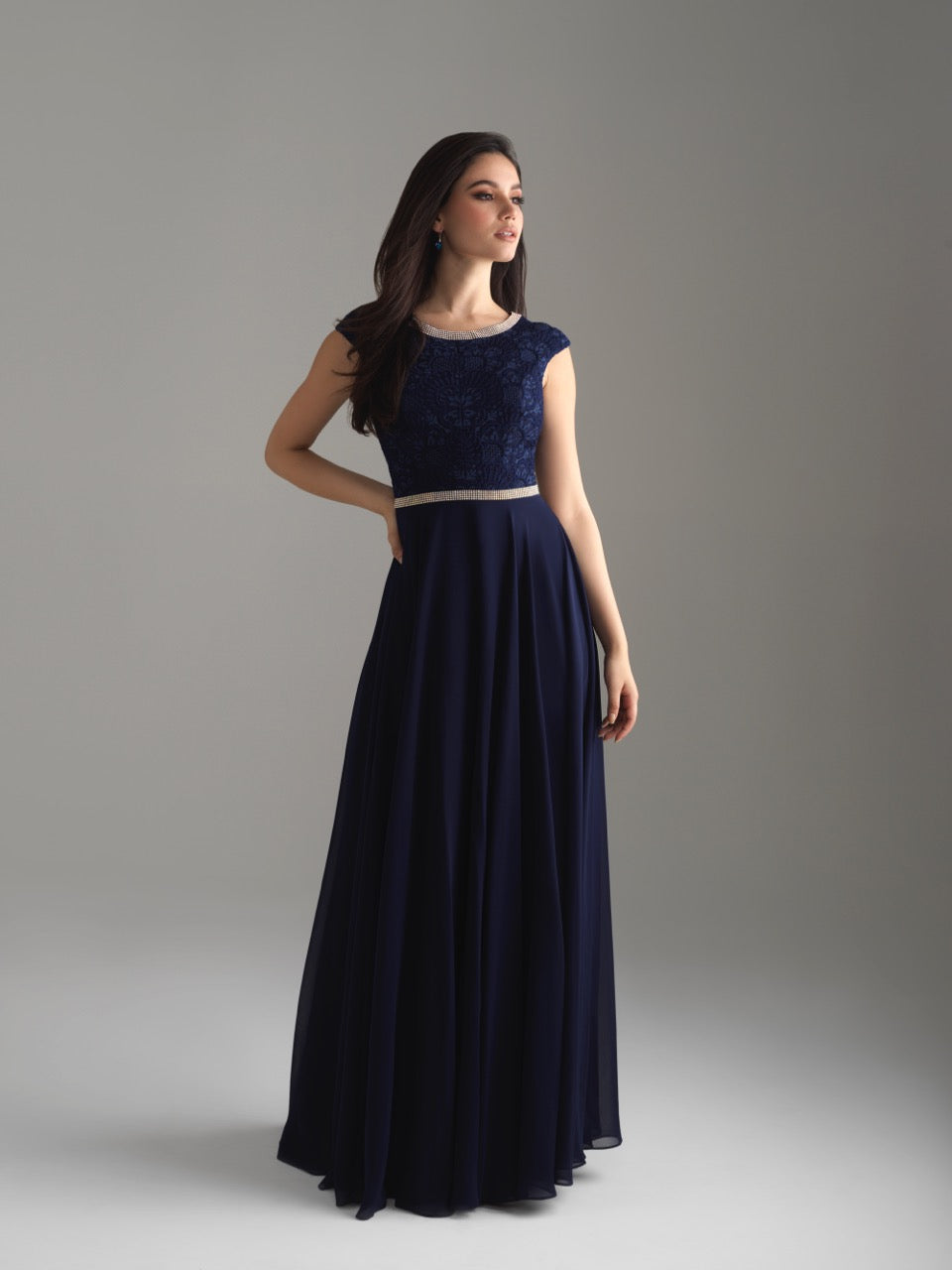 Madison James 18-802M Navy modest prom dress A-Line winter formal cap sleeves cheap Mormon Prom conservative