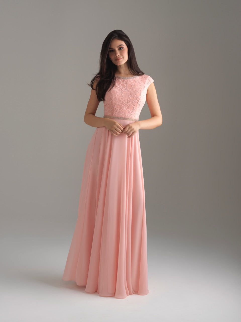 Madison James 18-802M pink modest prom dress A-Line winter formal cap sleeves cheap Mormon Prom conservative