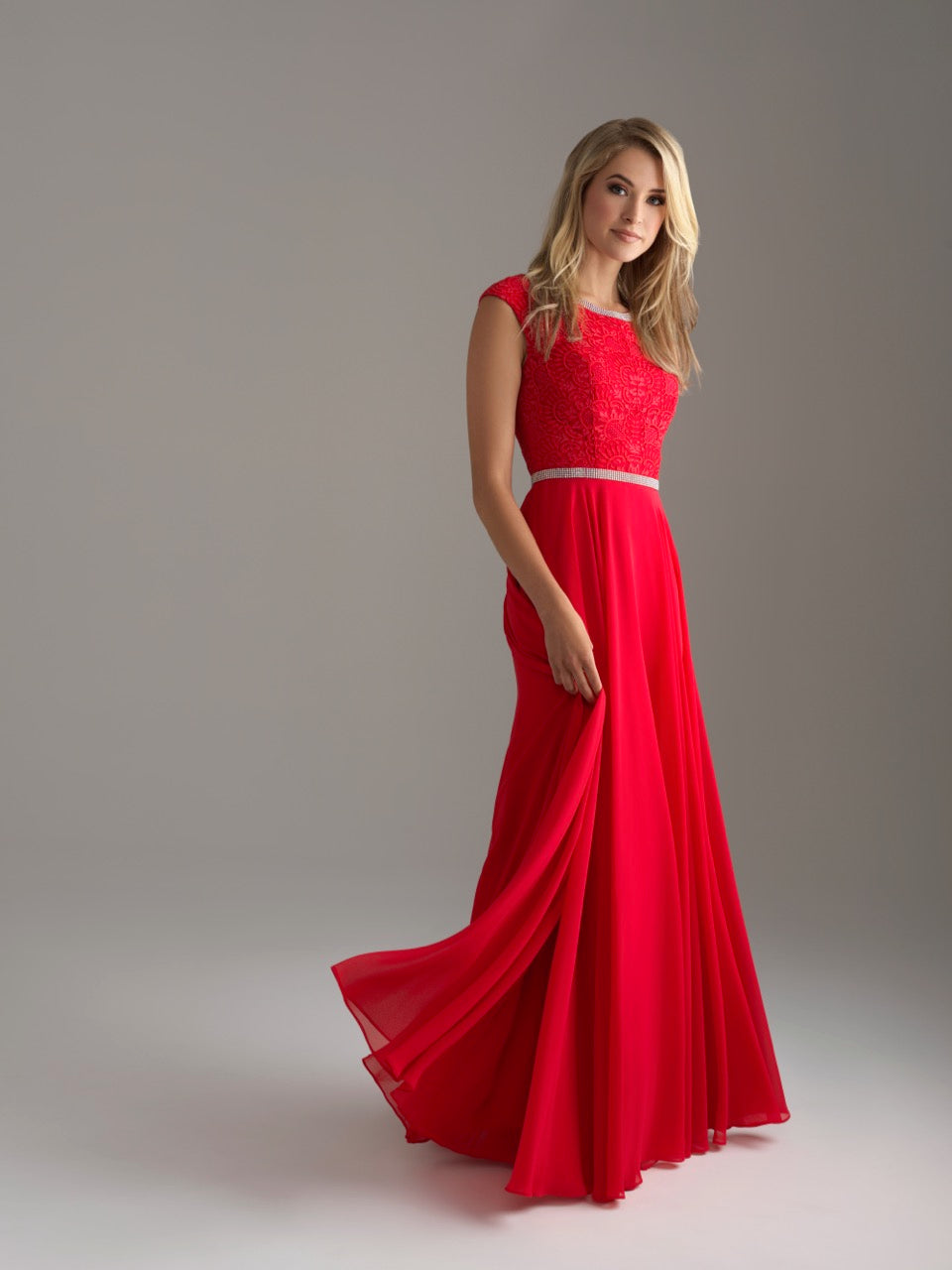 Madison James 18-802M Red modest prom dress A-Line winter formal cap sleeves cheap Mormon Prom conservative