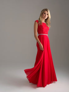 Madison James 18-802M Red modest prom dress A-Line winter formal cap sleeves cheap Mormon Prom conservative