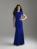 Madison James 18-805M Blue Glam modest prom dress A-Line winter formal cap sleeves cheap Mormon Prom conservative