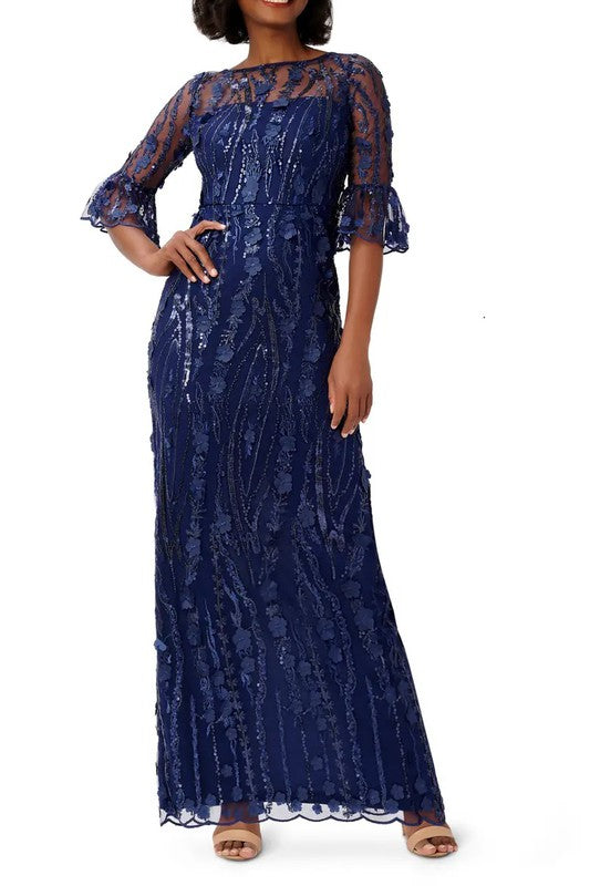 3D Floral Beaded Gown in Light Navy