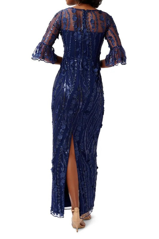 3D Floral Beaded Gown in Light Navy