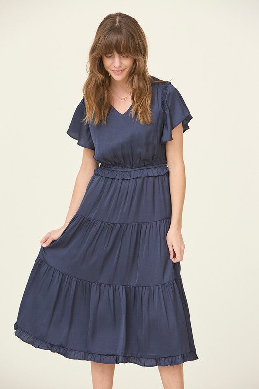 Satin Navy Midi Dress Women's Flowy Maxi Dress Ruffle Sleeve Elegant Sundress Wedding Guest Dress Flowy Satin Navy Midi Dress Women's Flowy Maxi Dress Ruffle Sleeve Elegant Sundress Wedding Guest Dress Flowy