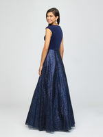 madison james 19-250M navy modest prom dress with sleeves ball gown sparkle cheap plus size back view