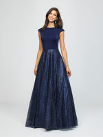 madison james 19-250M navy modest prom dress with sleeves ball gown sparkle cheap plus size 