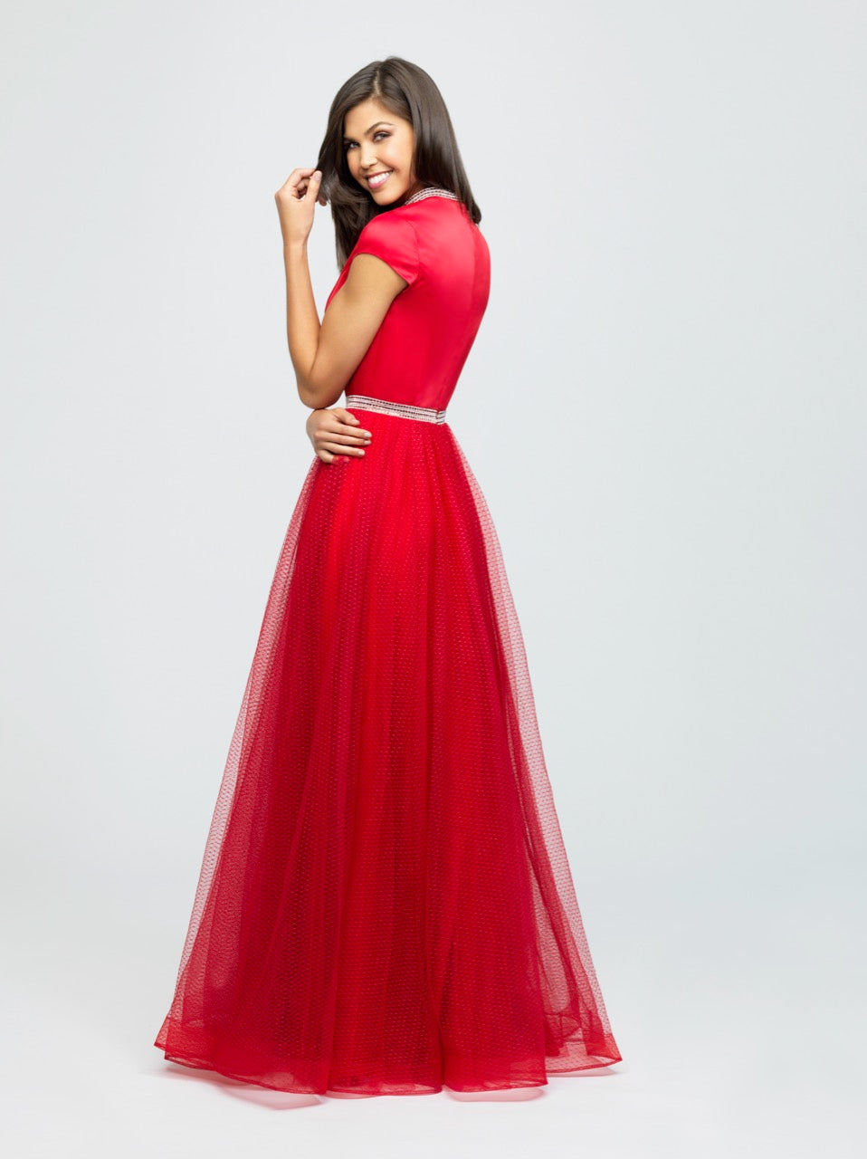 madison james 19-255M red modest prom dress with sleeves ball gown with belt long cheap plus size back