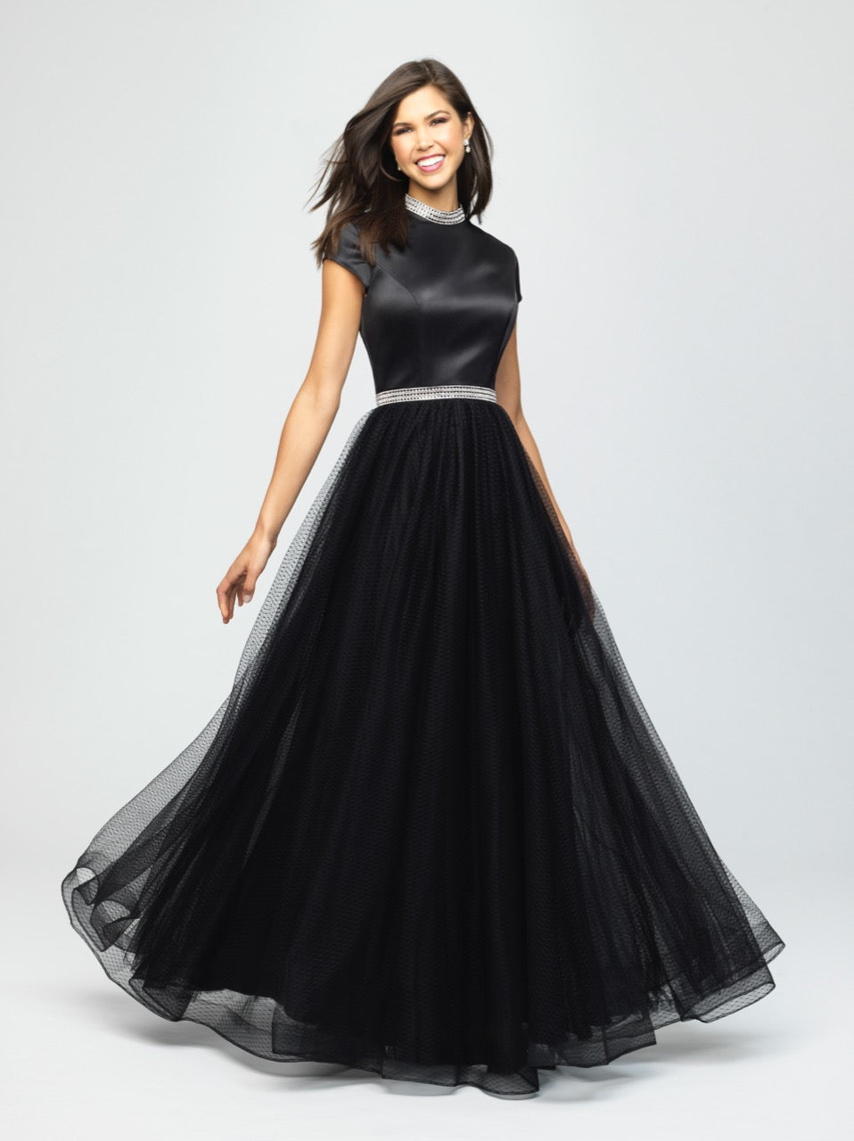 madison james 19-255M black modest prom dress with sleeves ball gown with belt long cheap plus size 