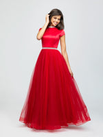 madison james 19-255M red modest prom dress with sleeves ball gown with belt long cheap plus size 