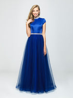 madison james 19-255M royal blue modest prom dress with sleeves ball gown with belt long cheap plus size 