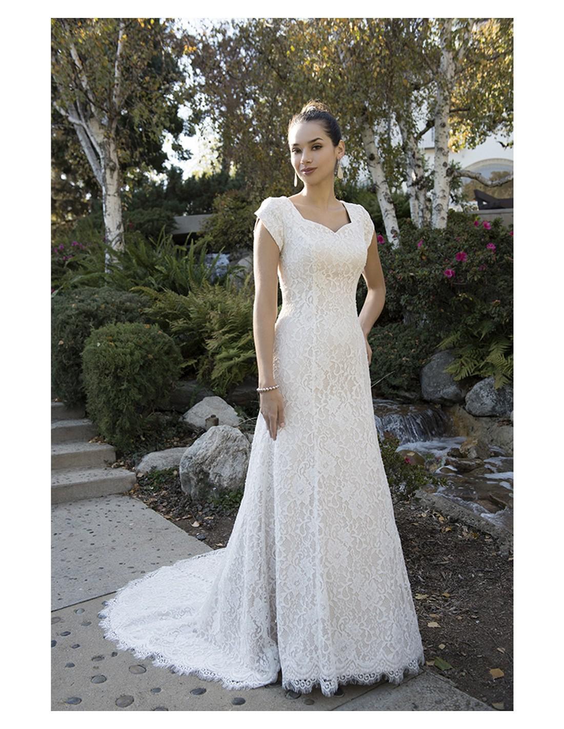 TB7697 modest wedding dress with cap sleeves sweetheart neckline lds temple bridal gown