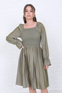 Juliet Smocked Dress in Moss Green