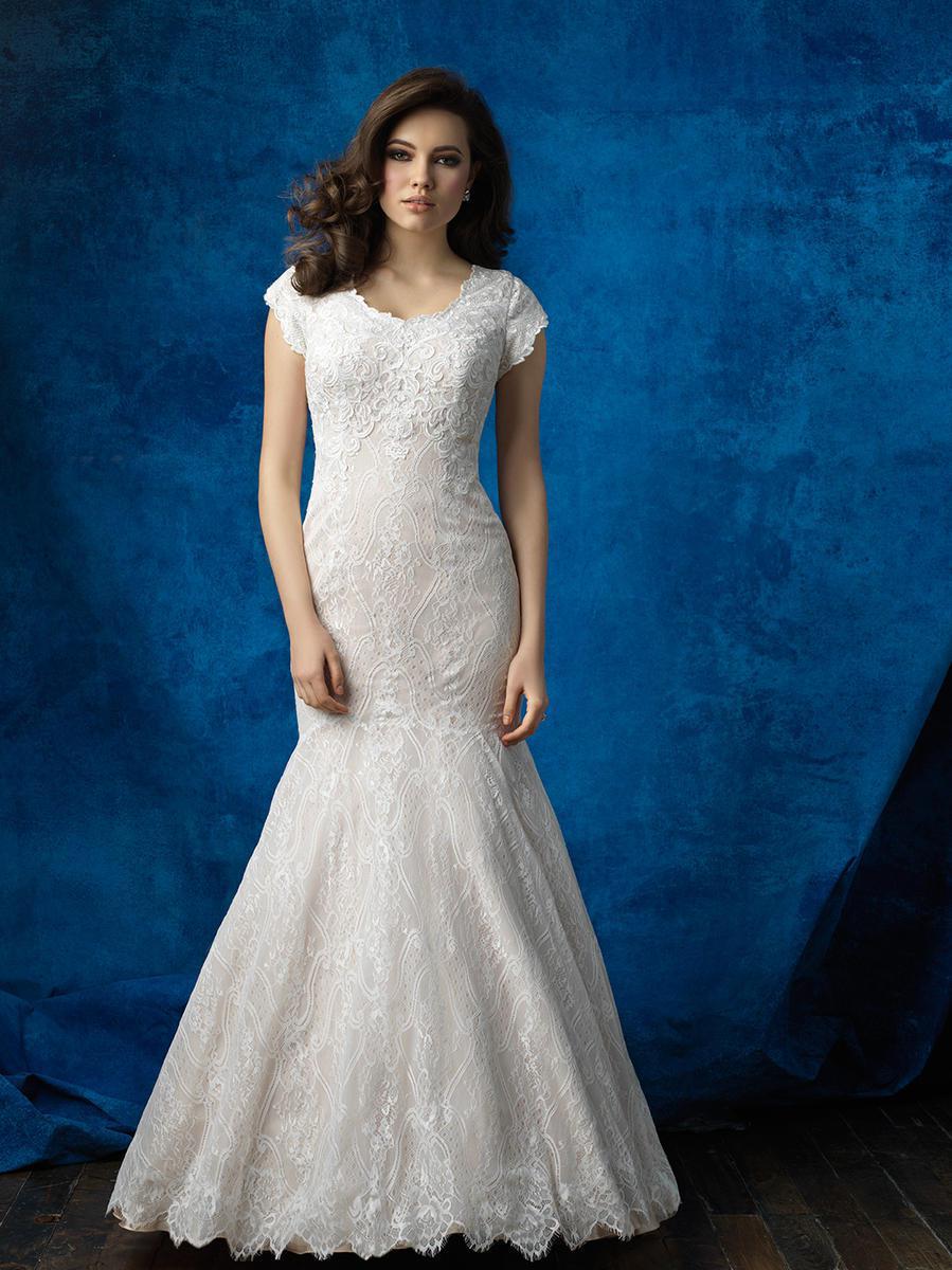 Allure M565 Modest Wedding Dress fit and flare with sleeves elegant lace LDS bridal gown