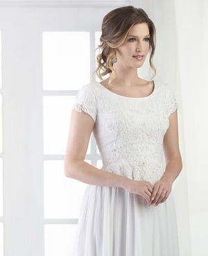 Bonny Bridal 2803 Modest Wedding Dress Bliss Collection Close view from A Closet Full of Dresses