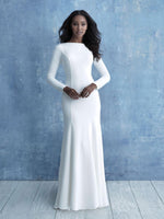 Allure M636 modest wedding dress with long sleeves all crepe chapel train LDS bridal gown for plus size brides