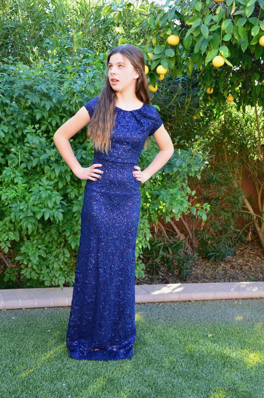 Ella Navy Modest Prom Dress with sleeves mormon prom cheap dress for plus size winter formal