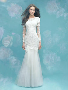 Allure M583 Modest Wedding Dress with long sleeves illusion lace fitted elegant LDS bridal gown