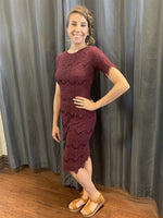 Brinley burgundy lace modest bridesmaids dress with sleeves