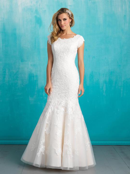 Allure Bridals M555 Modest Wedding Dress with short sleeves fitted design elegant bridal gown
