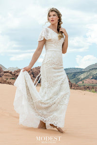 TR12030 Lace Modest Wedding Dress with flutter sleeves A-Line great for plus size brides Boho design front view