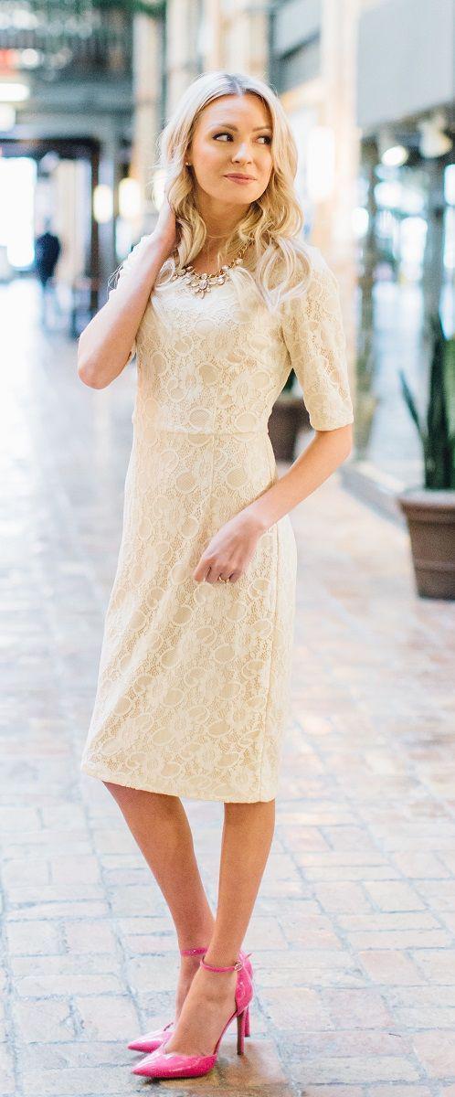 June Cream Lace Modest Bridesmaids Dress