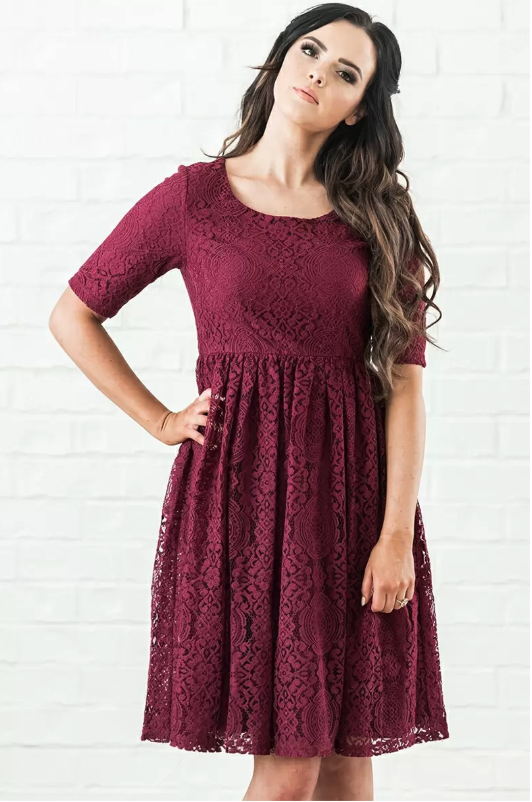 Erin Burgundy lace bridesmaid's special occasion dress with sleeves