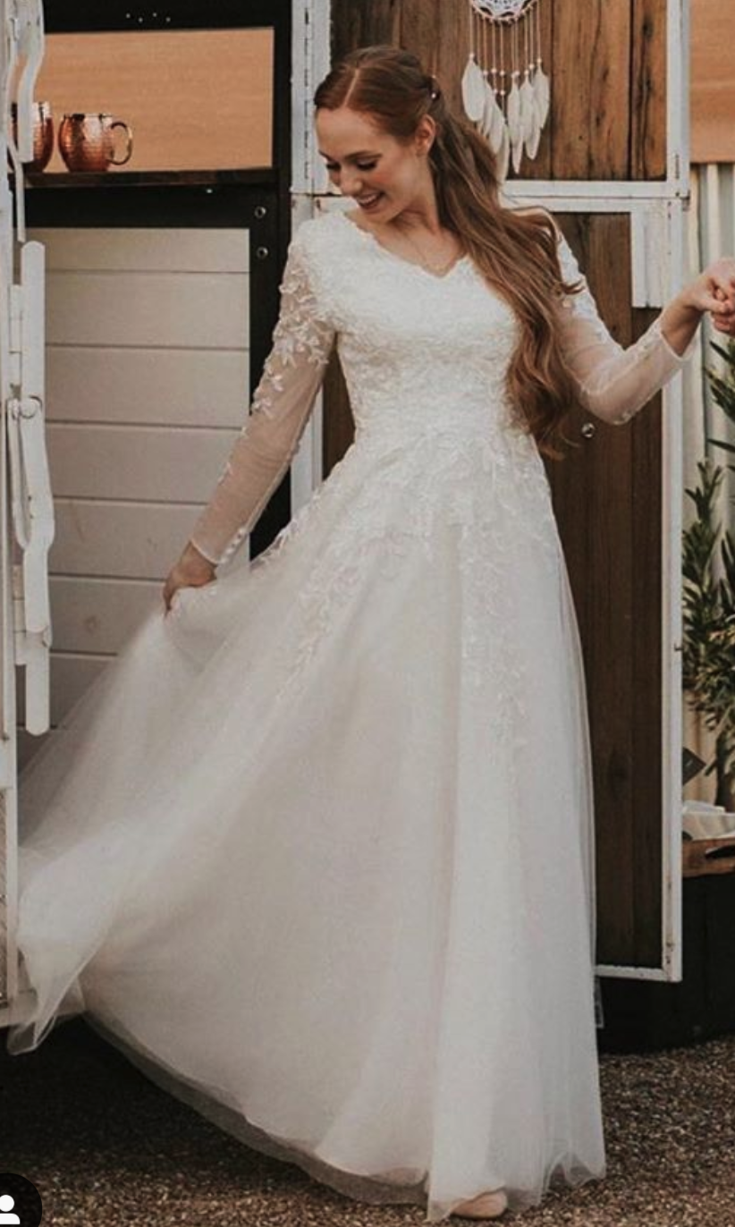 Evelyn modest lace wedding dress with long illusion sleeves LDS temple wedding gown