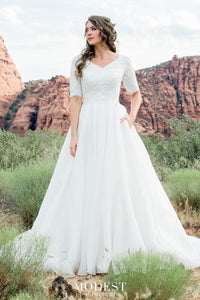 TR12025 LDS modest wedding dresses ball gown 3/4 sleeves lace and organza beautiful bridal gown for plus size front view