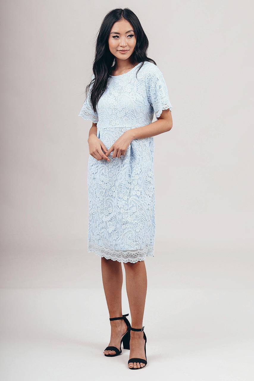 Demi Blue modest lace casual dress 3/4 sleeves knee length for church or bridesmaids