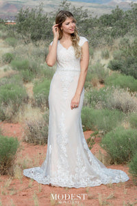 TR12028 lace Modest wedding dress with sleeves plus size brides A-Line modest bridal gown front view