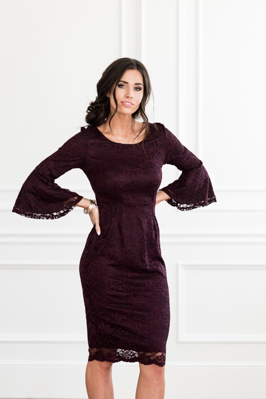 April Modest Bridesmaids Dress with Bell Sleeves Raisin from A Closet Full of Dresses