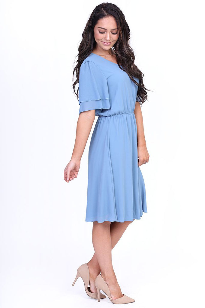 Claire Blue Modest Chiffon Dress | A Closet Full of Dresses