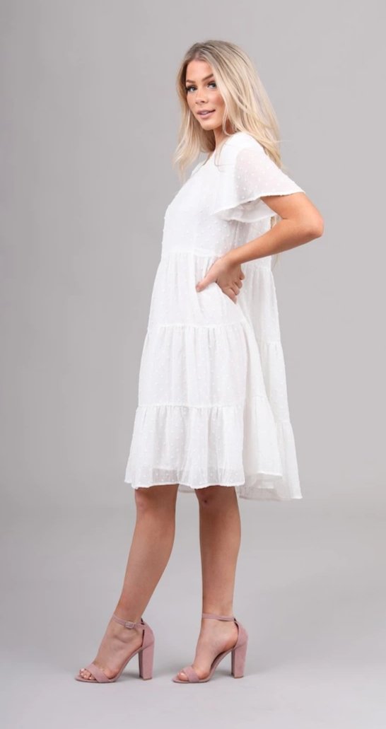 Hannah Ivory casual bridesmaids modest dress with sleeves flowy skirt