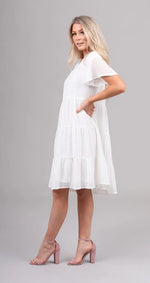 Hannah Ivory casual bridesmaids modest dress with sleeves flowy skirt