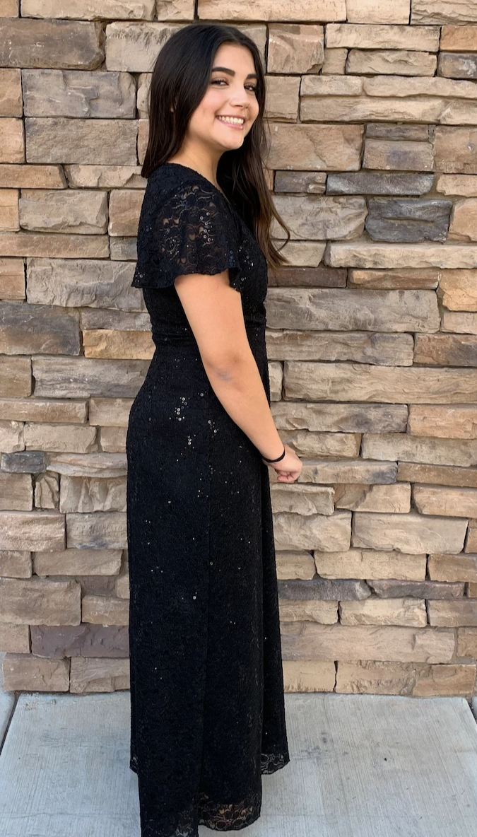 Kendall black cute Modest Prom Dress with sleeves mormon prom cheap dress for plus size winter formal side