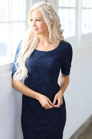 June Lace Navy Bridesmaids Dress Close from A Closet Full of Dresses