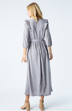 Kylie midi modest dress with long sleeves grey for plus size back