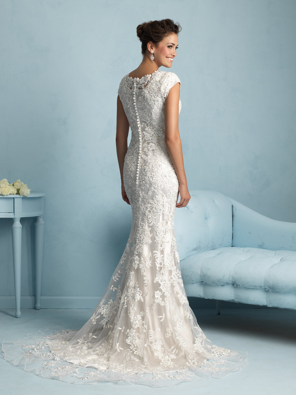 Allure Bridals M536 Modest Wedding Dresses with sleeves elegant lace fitted style LDS back