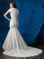 Allure M565 Modest Wedding Dress fit and flare with sleeves elegant lace LDS bridal gown back