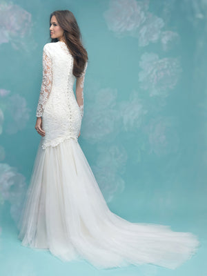 Allure M583 Modest Wedding Dress with long sleeves illusion lace fitted elegant LDS bridal gown back