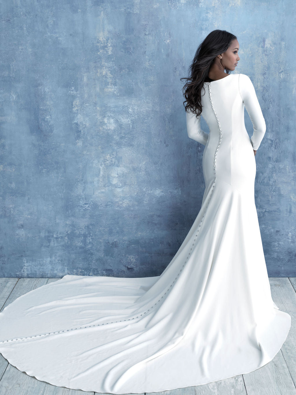 Allure M636 modest wedding dress with long sleeves all crepe chapel train LDS bridal gown for plus size brides back