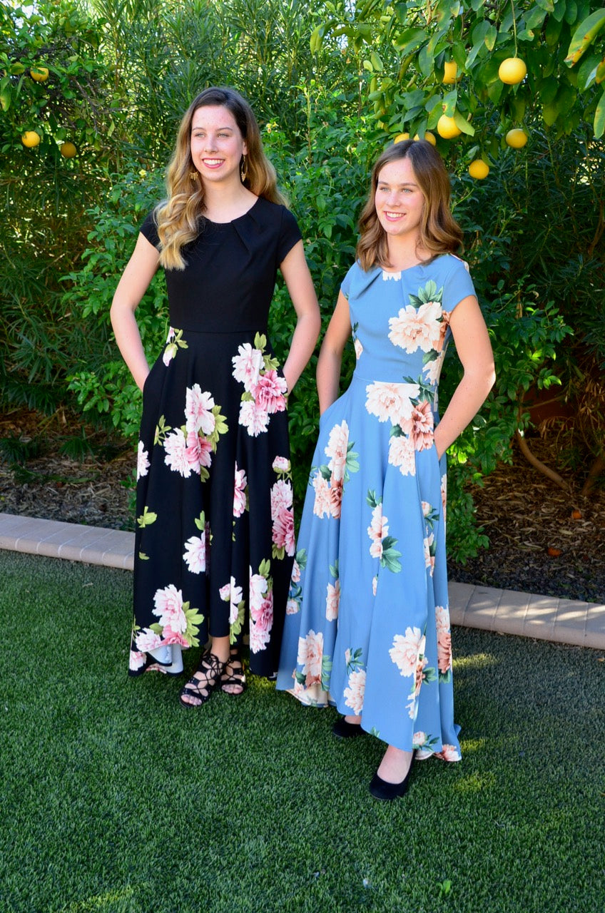 Linda Black Floral and Sky blue floral cute Modest Prom Dress with sleeves mormon prom cheap dress for plus size winter formal