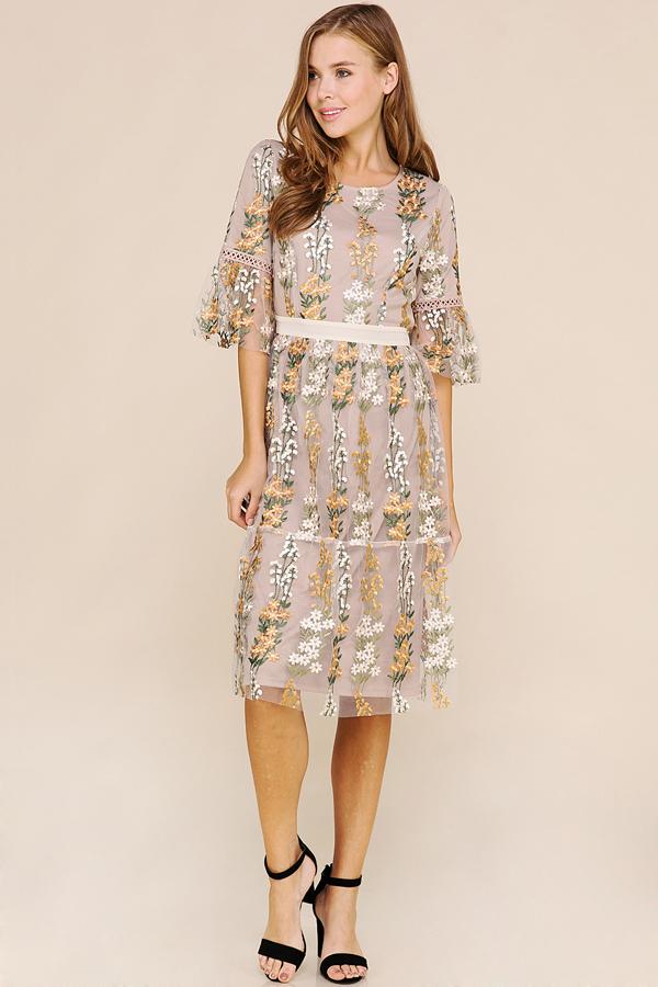 Rosemary Spring Floral Modest Midi Casual Dress Front PSD2122