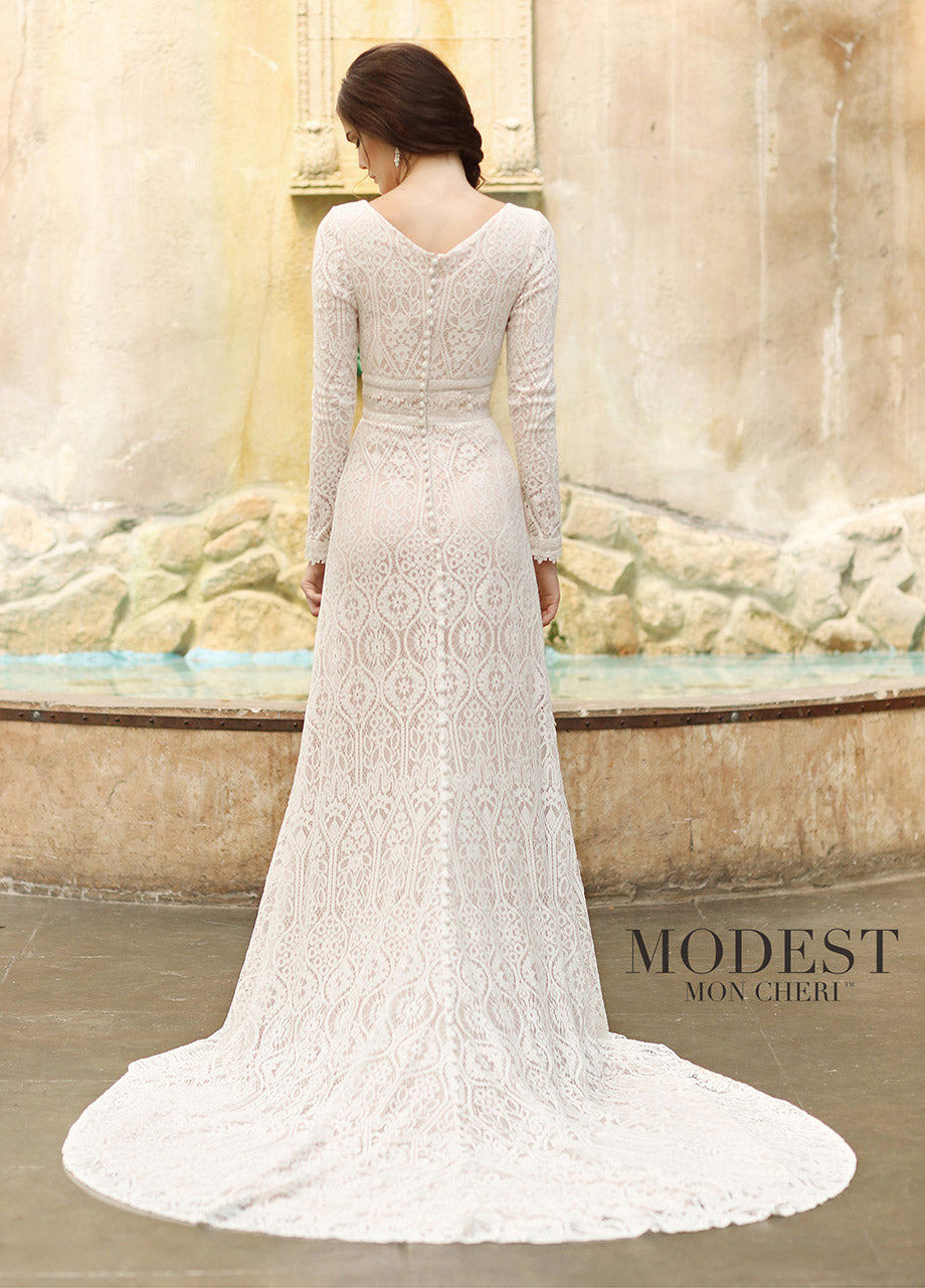 Mon Cheri TR11831 Modest Wedding Dress back from A Closet Full of Dresses
