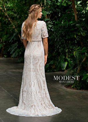 Mon Cheri TR11833 Modest Wedding Dress Back from A Closet Full of Dresses