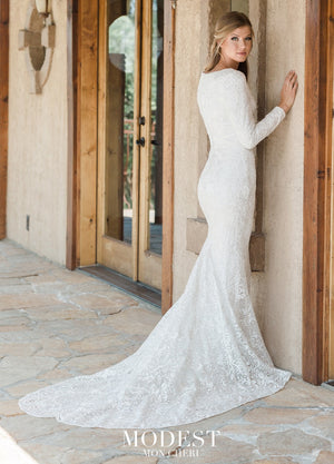 Mon Cheri TR11987 Modest Wedding Dress back view from A Closet Full of Dresses
