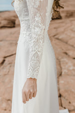 TR12021  LDS modest wedding dresses lace long illusion sleeves chiffon skirt bridal gown for plus size close side view